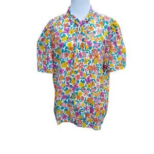 Vintage 70s Bold Floral Tie Neck Button Down Top Colorful Rhoda Lee  Fits a L